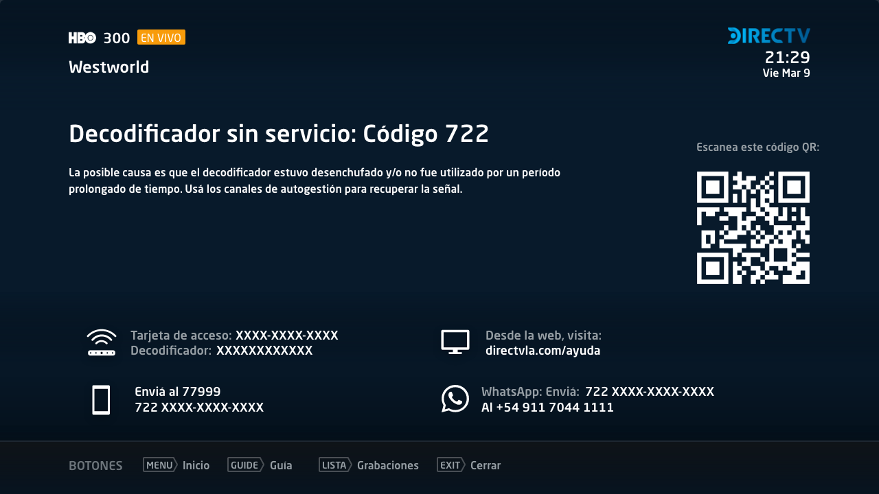 Código de Error 722 DIRECTV Argentina